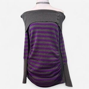 BONGO Off-Shoulder Sweater - Purple and Gray Stripes